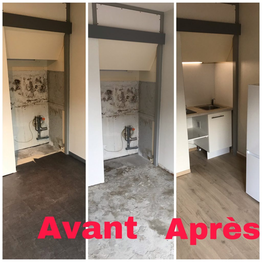 Entreprise Alphamultiservices: Rénovation intérieure d'appartement - ragréage -parquet flottant - cuisine à Arcachon. Budget: 1800€